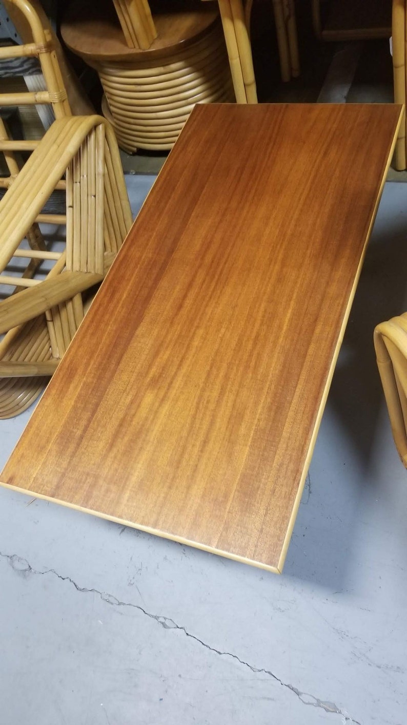 Restored Rattan Coffee Table with Stacked Legs and Mahogany Top image 3