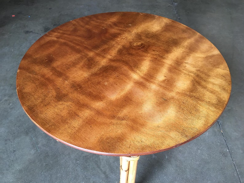 Restored Large 31 Round X Base Rattan Coffee Table with Oak Top image 5