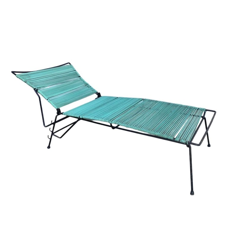 Mid Century Iron Outdoor/Patio Chaise Lounge with Teal Cord image 1