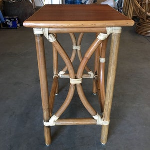 Restored Large 1-Strand Rattan Hour Glass Cocktail Side Table w/ Wood Top image 6