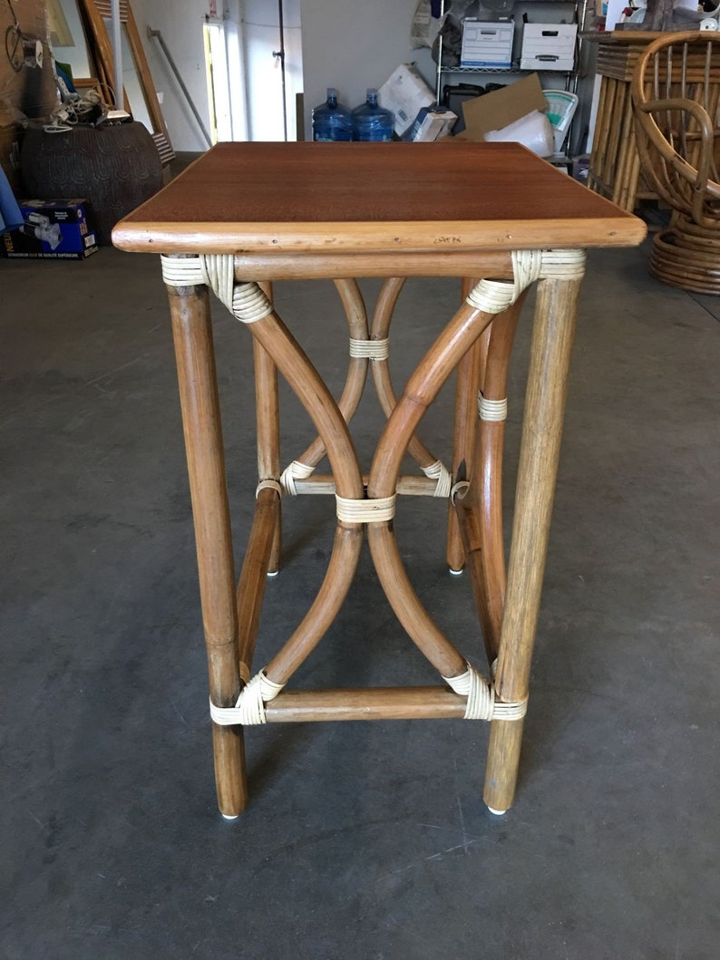 Restored Large 1-Strand Rattan Hour Glass Cocktail Side Table w/ Wood Top image 6