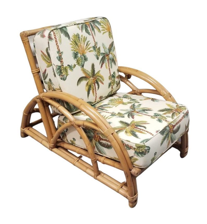 Restored Rattan 2-Strand Half Moon Lounge Chair with Palm Print Cushions zdjęcie 1