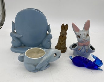 Blue Ceramic Planter Bunny Rabbit Figural Collection