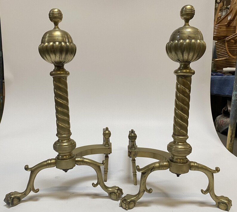 Pair of Brass Belted Ball-top and Spiral Turned Clawfoot Andirons image 1