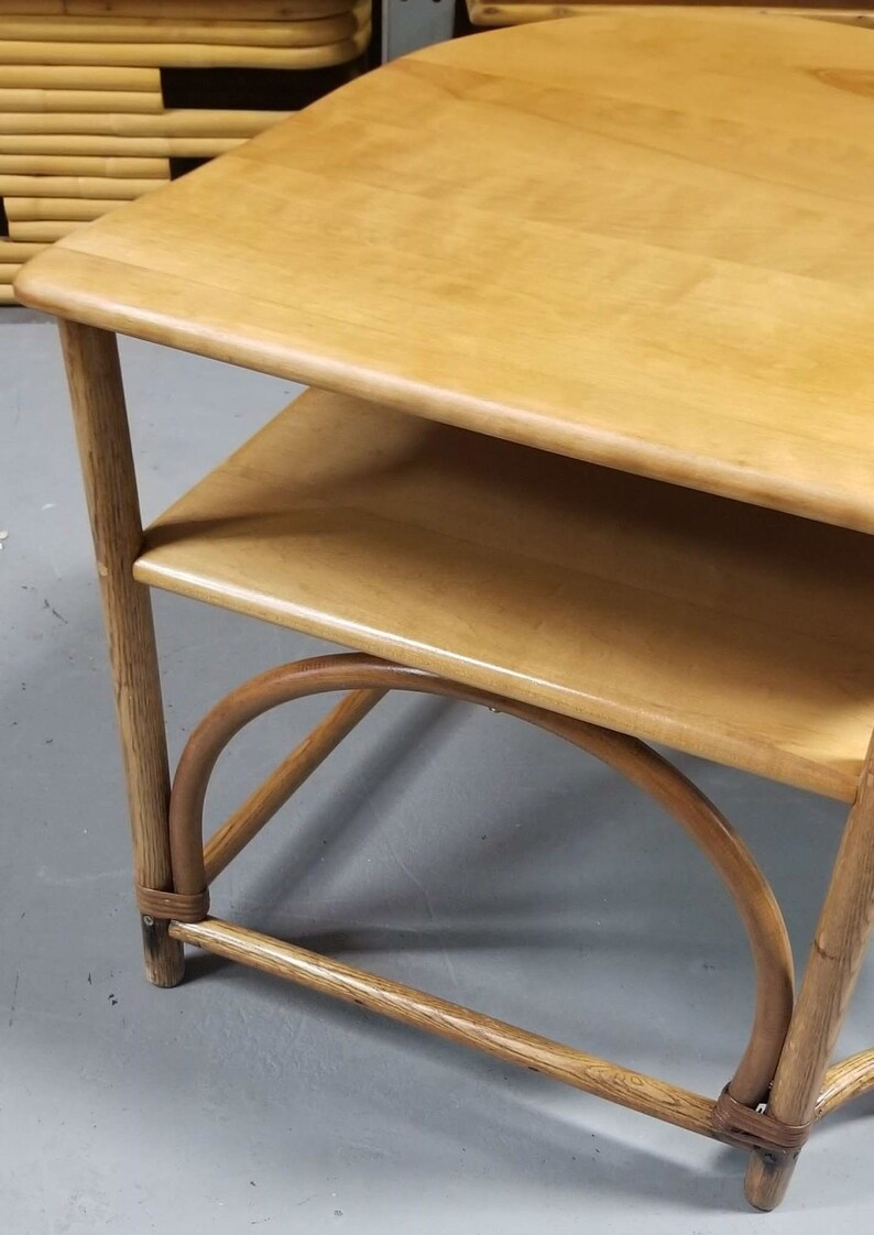 Restored Mid Century Maple and Faux Rattan Corner Table by Heywood Wakefield image 5
