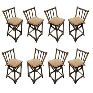 Mid Century Dark Stained Rattan Bar Stools with Stick Back, set of 8 image 1