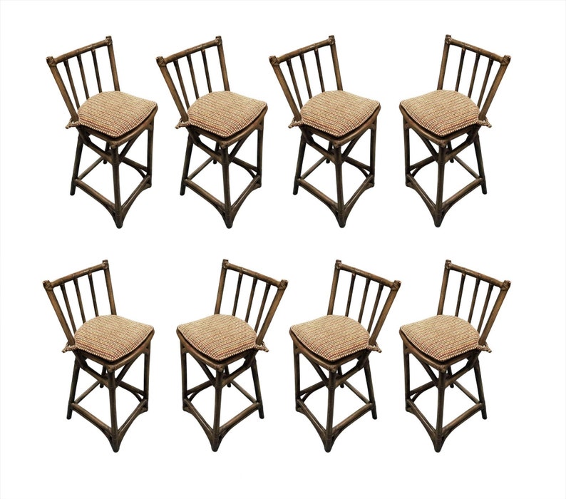 Mid Century Dark Stained Rattan Bar Stools with Stick Back, set of 8 image 1