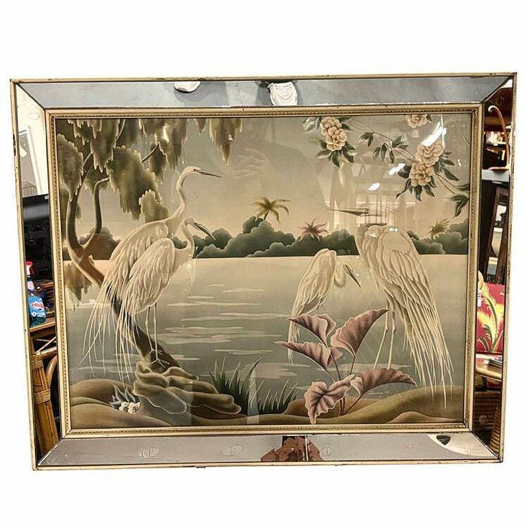 1940 Tropical Crane /egret Scenic Print, Mirror Framed by Billy