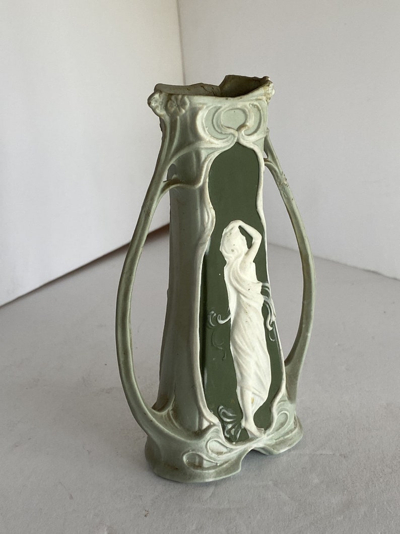 Schafer Vater German Bisque Green Jasperware Art Nouveau Maiden Bud Vase image 3