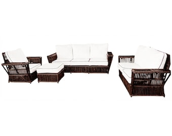 Art Deco Presidents Nantucket Stick Walnut Finished Reed Rattan Livingroom Set