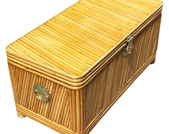 Restored Mid-century Split Reed Rattan & Pine Trunk w/ Brass Paktong Latch