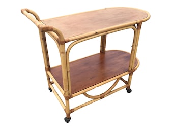 Two-Tier Rattan and Mahogany Tombstone Bar Cart
