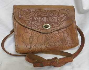 Vintage Mexican Hand Tooled Leather Crossbody Purse Floral Design