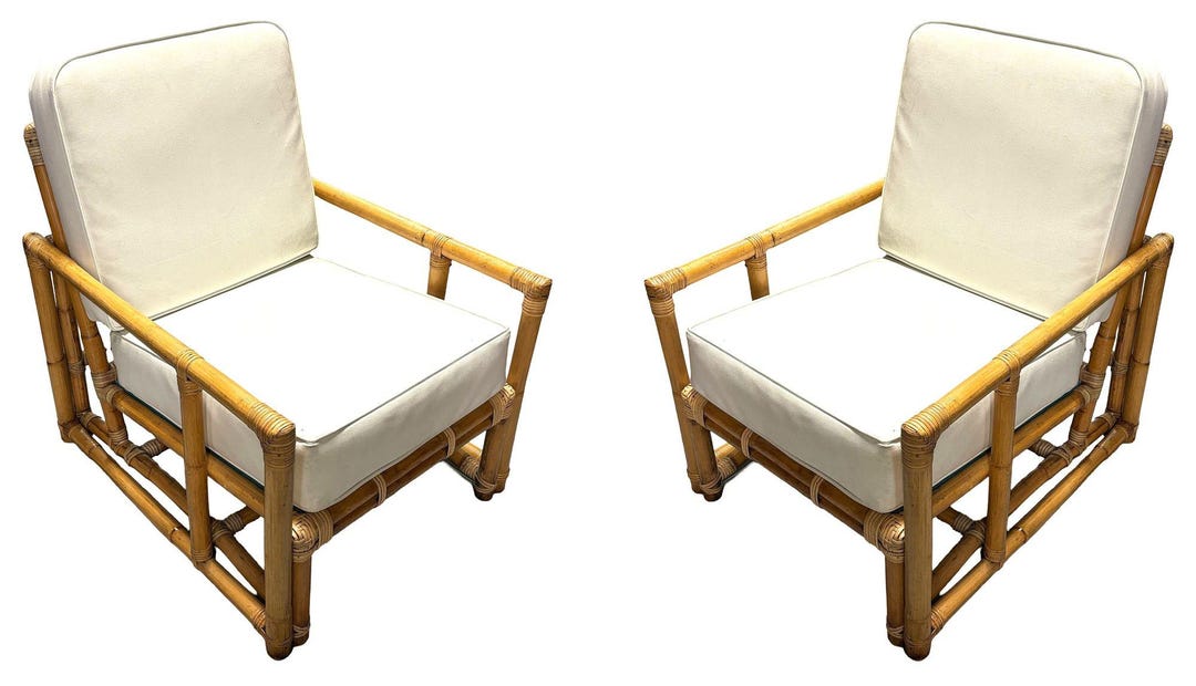 Restored James Mont Inspired Rattan Lounge Chairs W/ Modernist