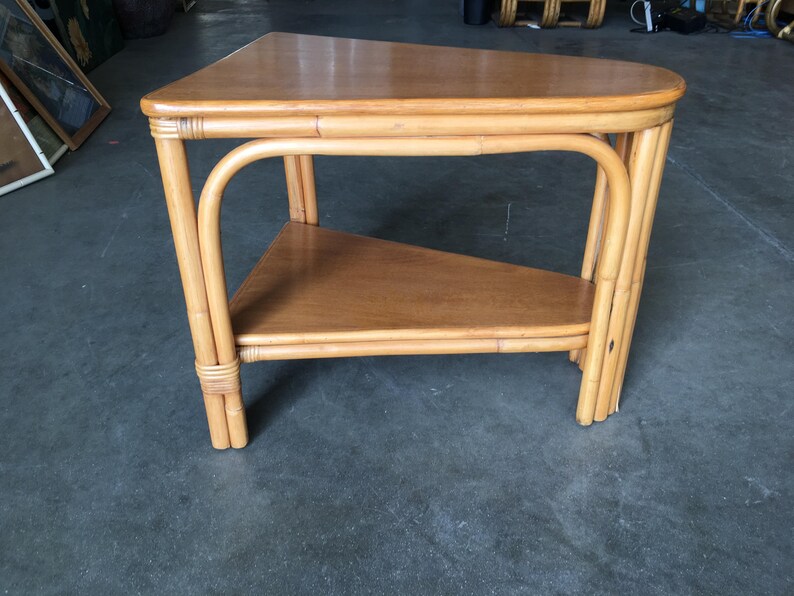 Restored Rattan Wedge Drinks Table with Two-Tier Mahogany Tops image 2