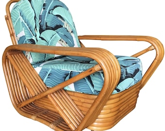 Restored Paul Frankl Style Pretzel Rattan Lounge Chair, Beverly Palms Cushions