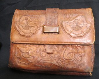 Vintage Mexican Hand Tooled Leather Handbag Floral Design