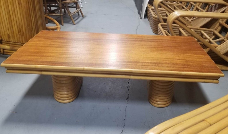 Restored Rattan Coffee Table with Stacked Legs and Mahogany Top image 2