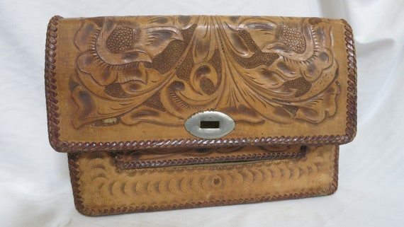 Vintage Mexican Hand Tooled Leather Purse Floral … - image 1