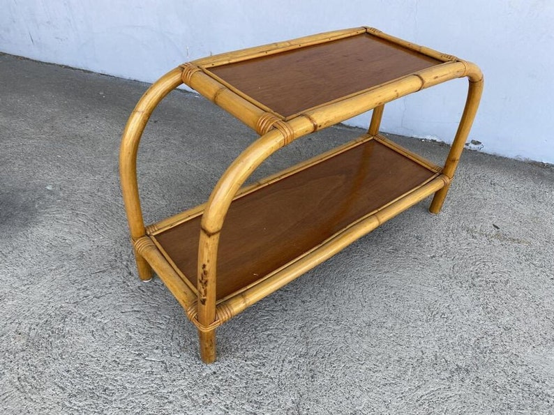 Restored Two-Tier Rattan & Mahogany Arched Side Table image 4