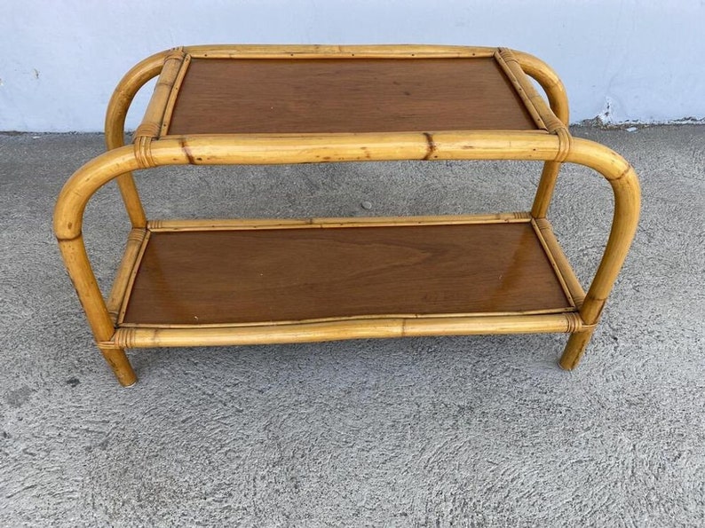 Restored Two-Tier Rattan & Mahogany Arched Side Table image 6