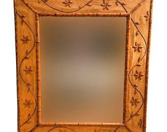 1960s Italian Coastal Carved Ornate Bamboo & Rice Mat Riviera Wall Mirror