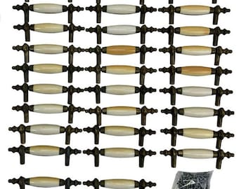 5" Patinaed Brass & Porcelain Drawer Pull Handle w/ Steeple Tips , Set of 29