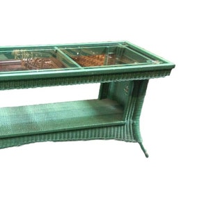 Restored Mid Century Green Woven Wicker TV Stand/Console Table w/ Glass Top image 4