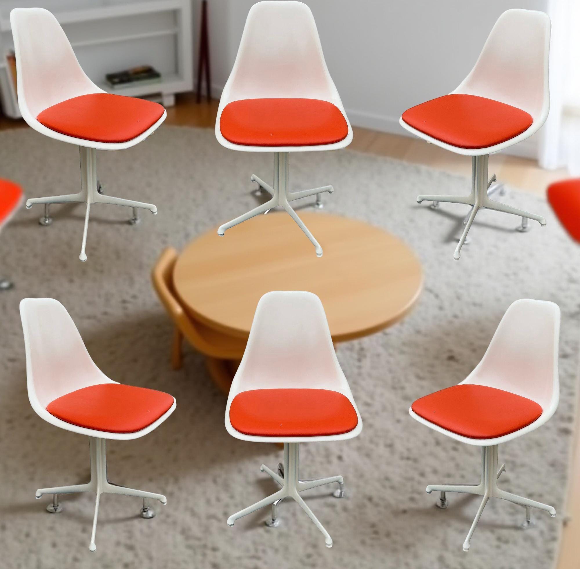 Set of 6 Mid-century Maurice Burke Tulip Chairs, Red Vinyl Seats