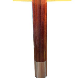 May include: A wooden lamp base with a dark brown wood grain and a silver metal base.
