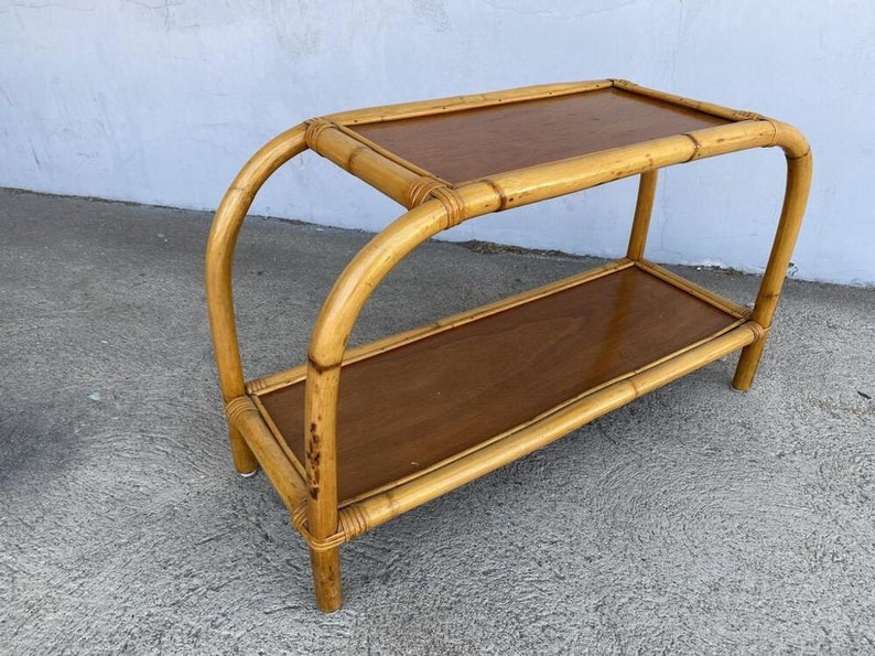 Restored Two-Tier Rattan & Mahogany Arched Side Table image 7