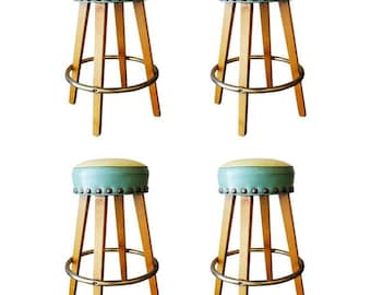 Mid-Century Large Nail Head Bar Stools with Brass Footrest, Set of 4