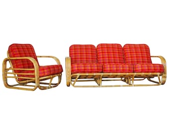 Restored Streamline Art Deco Rattan Living Room Set, 2 Piece