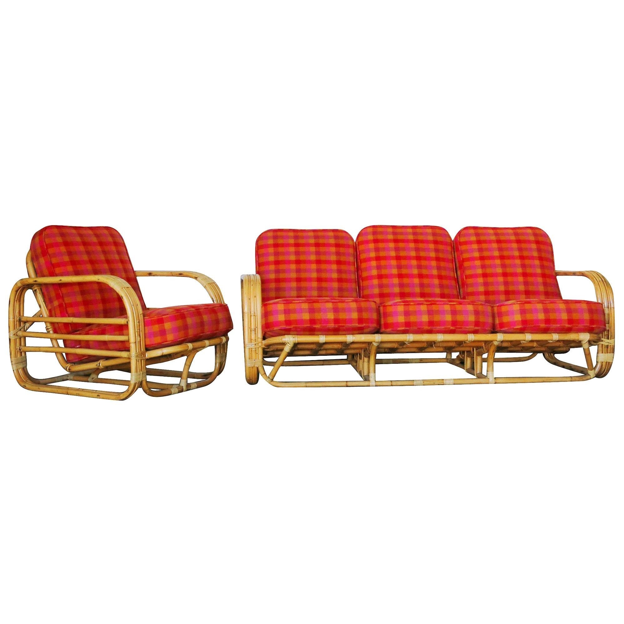 Restored Streamline Art Deco Rattan Living Room Set, 2 Piece 