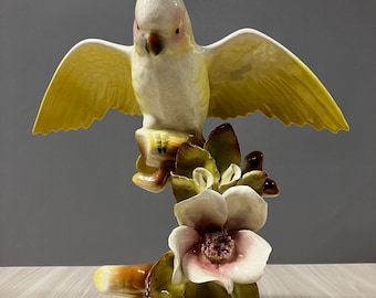 California Pottery Ceramic Tropical Cockatoo on Hibiscus Branch Statue