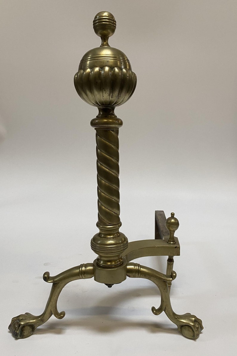 Pair of Brass Belted Ball-top and Spiral Turned Clawfoot Andirons image 4