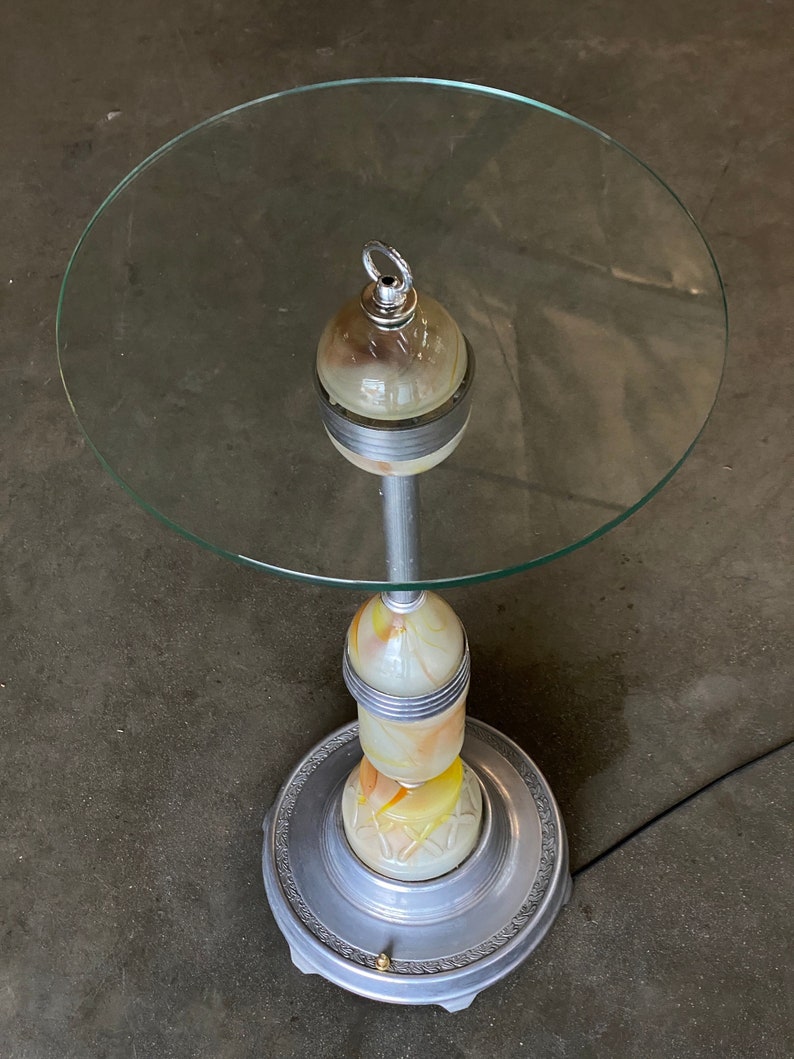 Art Deco Light up Agate Glass Illuminating Smoking Side Table Pewter cast base image 2