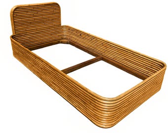 Restored Art Deco Stacked Rattan Bed Twin Size Bed Frame &Headboard, 2 Available