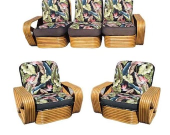 Restored Art Deco Six-Strand Stacked Rattan Sofa and Lounge ChairLiving Room set