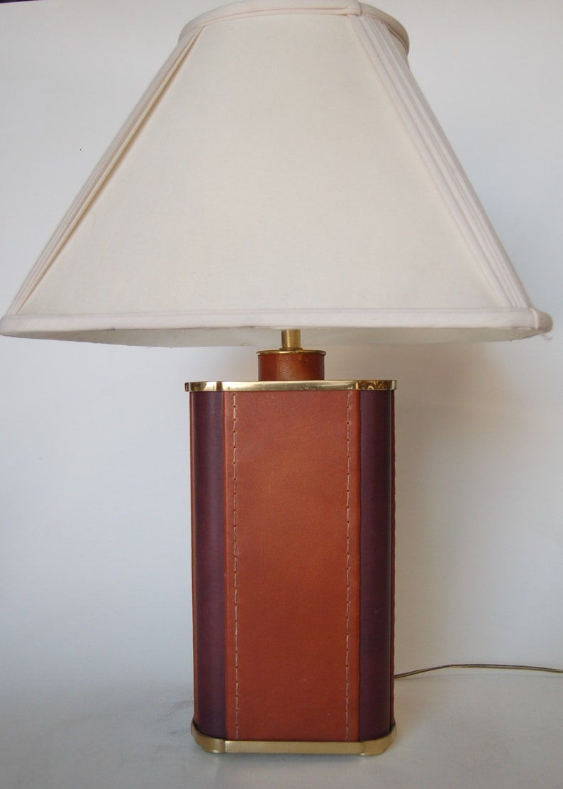 Two-Toned Square Leather Wrapped Table Lamp With Gold Trim image 2