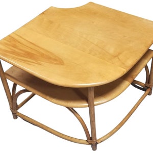 Restored Mid Century Maple and Faux Rattan Corner Table by Heywood Wakefield image 1