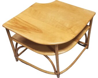 Restored Mid Century Maple and Faux Rattan Corner Table by Heywood Wakefield