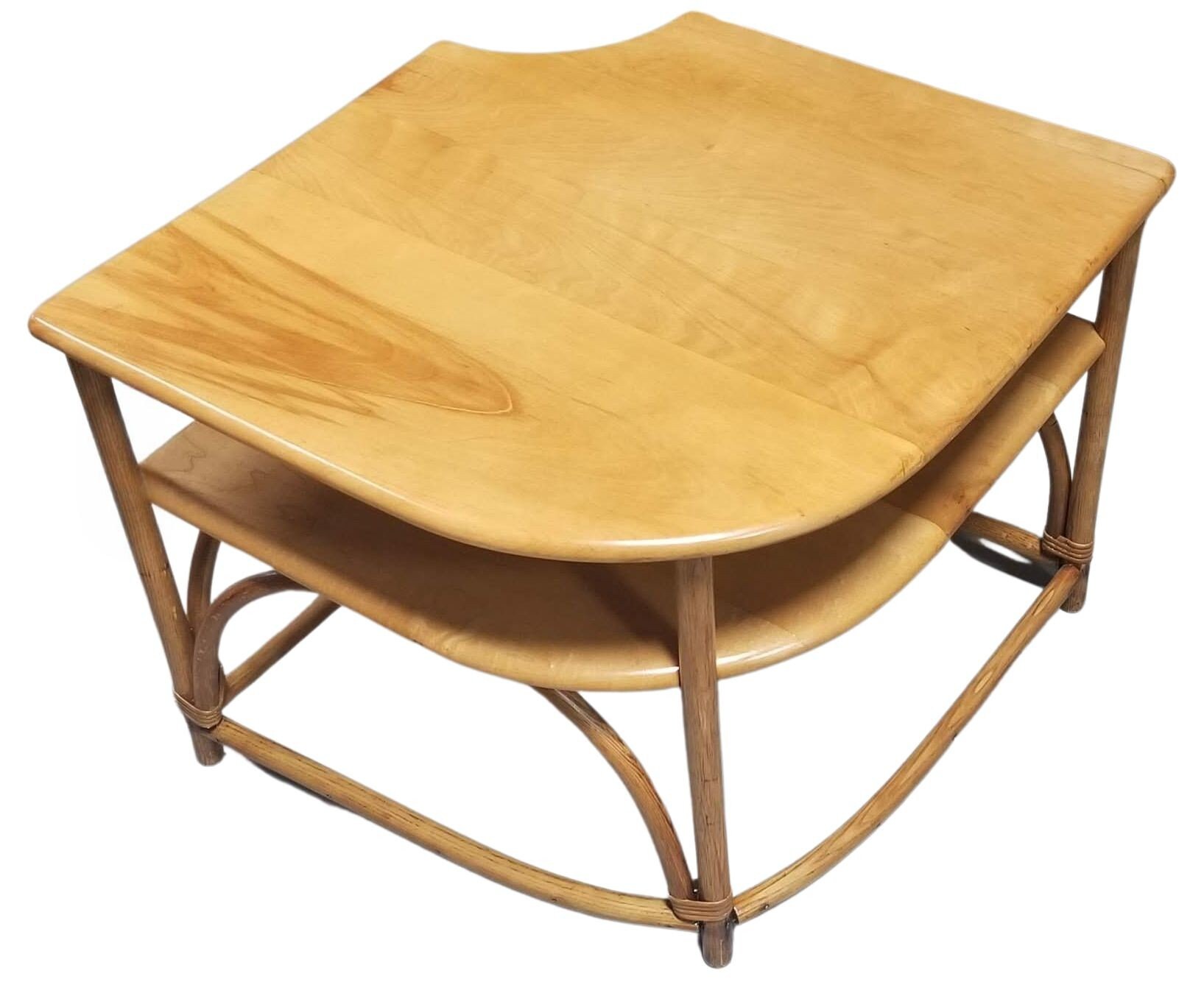 Restored Mid Century Maple and Faux Rattan Corner Table by Restored Mid Century Maple and Faux Rattan Corner Table by