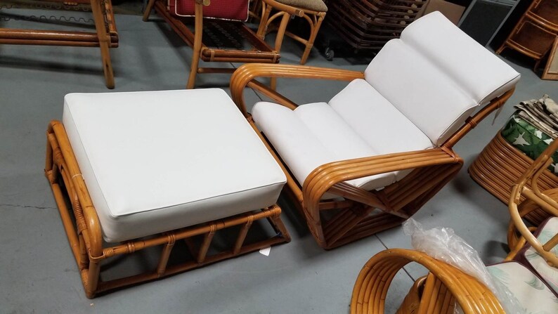 Restored Rattan Four Strand Square Pretzel Chaise Lounge Chair with Ottoman image 5