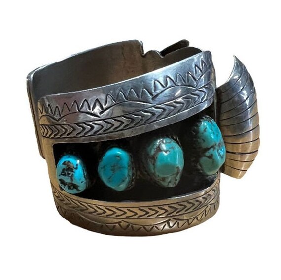 Silver Navajo Watchband Cuff w/ Bisbee Torqouise, Hyson Craig Style View 2