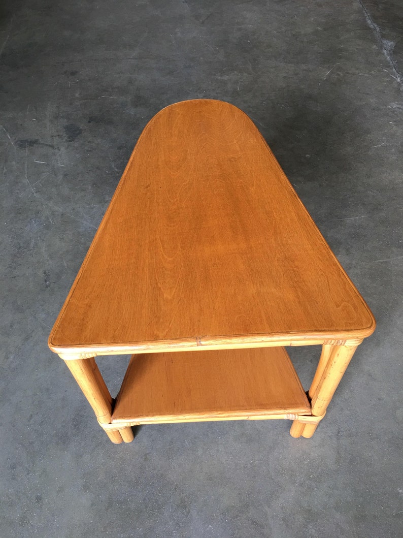 Restored Rattan Wedge Drinks Table with Two-Tier Mahogany Tops image 4