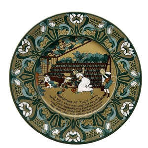 May include: A round ceramic plate with a green and gold border. The center of the plate features a colorful illustration of a scene from the poem "Misfortune at Tulip Hall". The poem is printed around the illustration.