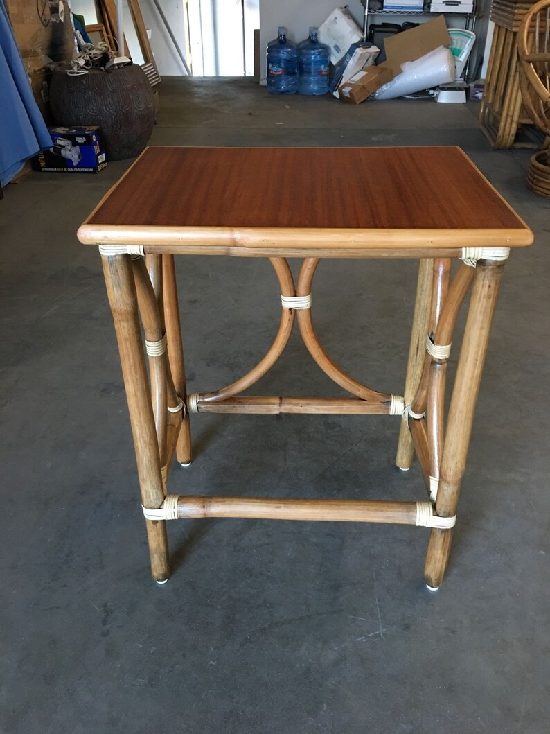 Restored Large 1-Strand Rattan Hour Glass Cocktail Side Table w/ Wood Top image 4