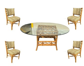 Restored Rattan Dining Table & Chairs w/ Leopard Print Cushions