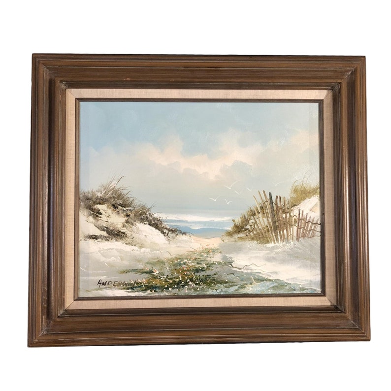 Mid-Century Beach Scenic Oil on Board in Original Frame, Post War Signed image 1